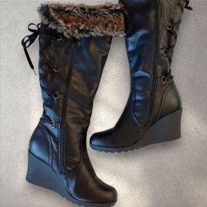 Fashion Thirsty -- Faux Fur Lined Wedge Tall Boots